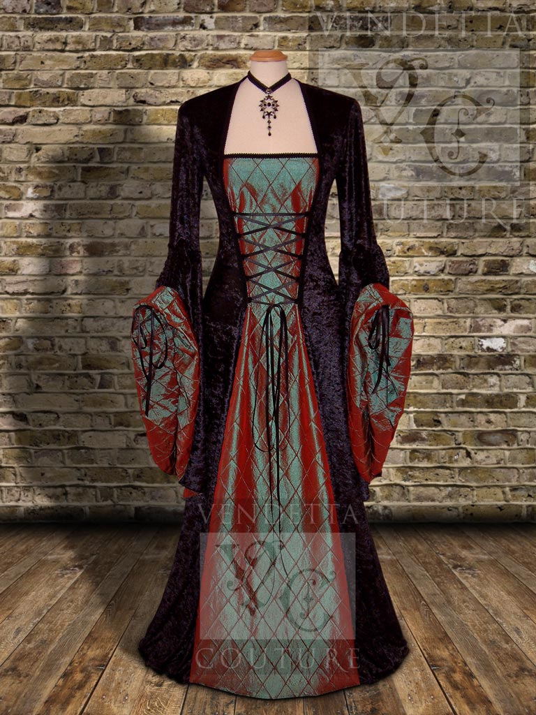 Medieval Dress with Sleeves Black Maroon Jade