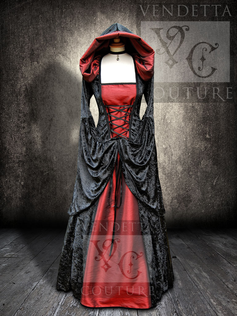 Medieval Style Dress with Hood Black Red