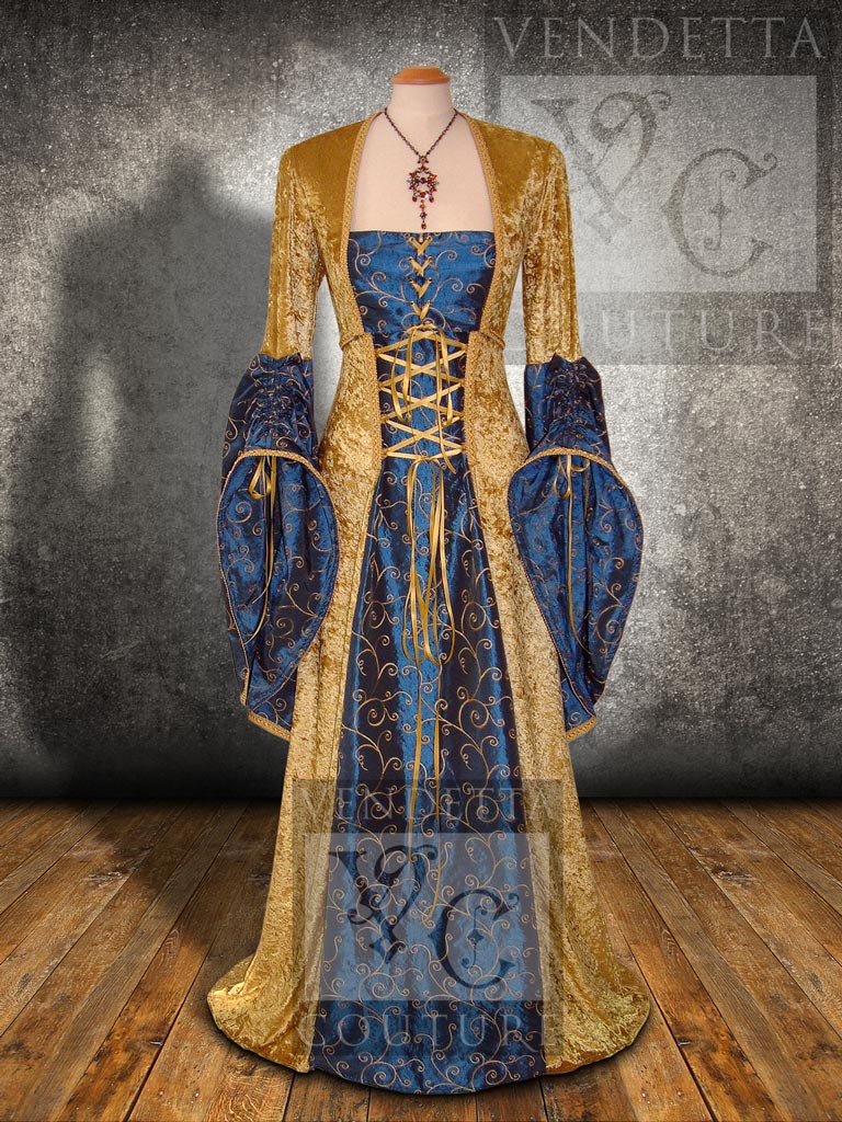Sleeveless Medieval Dress Gold Dark Blue