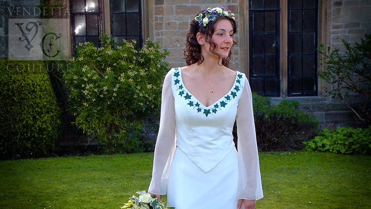 Bespoke wedding dress with embroidered ivy leaves